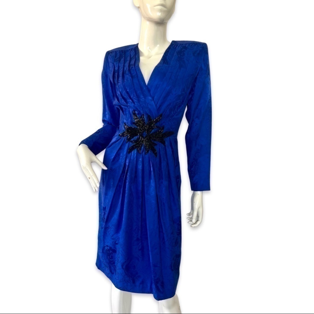 Vintage 80’s Silk Studio Royal‎ blue silk pleated Beads Flower midi dress Retro